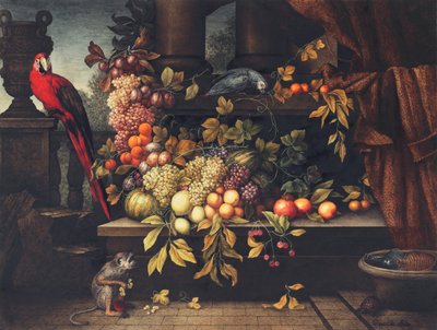 A still life with fruit, wine cooler, monkey, parrots and a turtle in a portico by David Emil Joseph de Noter